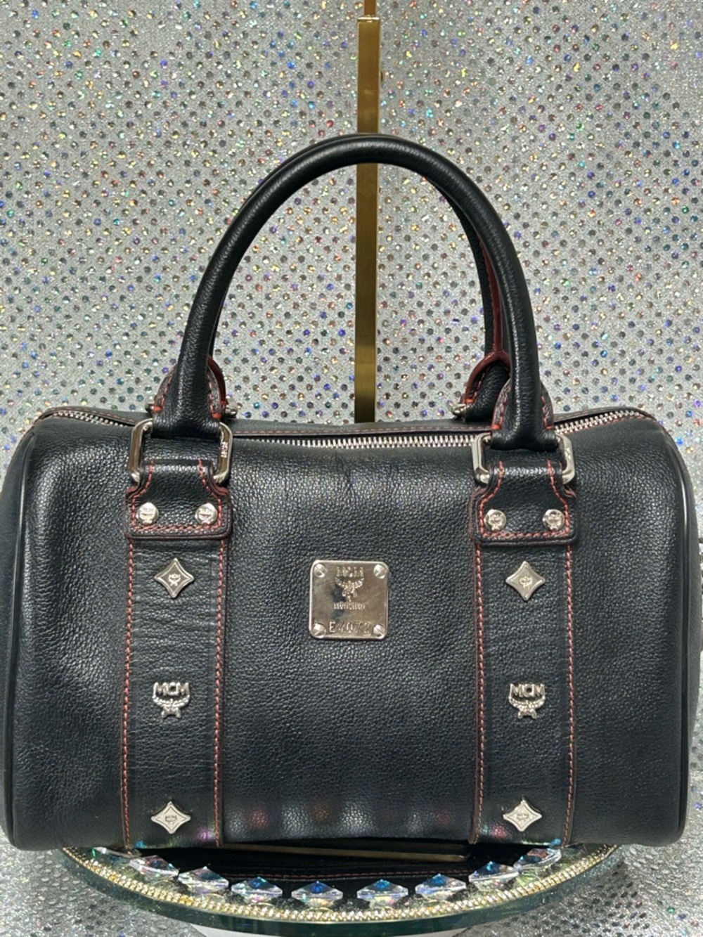 MCM Black Leather Satchel with Red Contrast Stitching Approx. 11 x 9 x 4